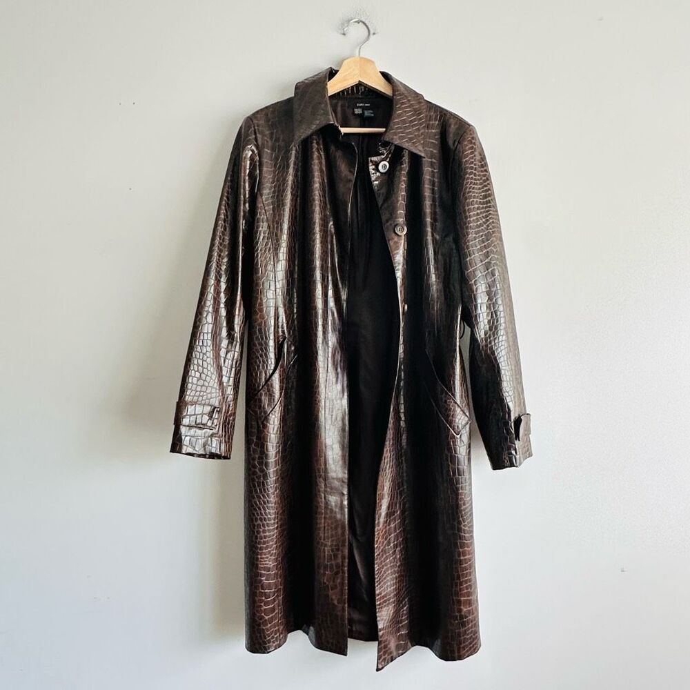 Vintage 90s Y2K ZARA Woman Crocodile Print Trench Coat Brown Alligator Embossed